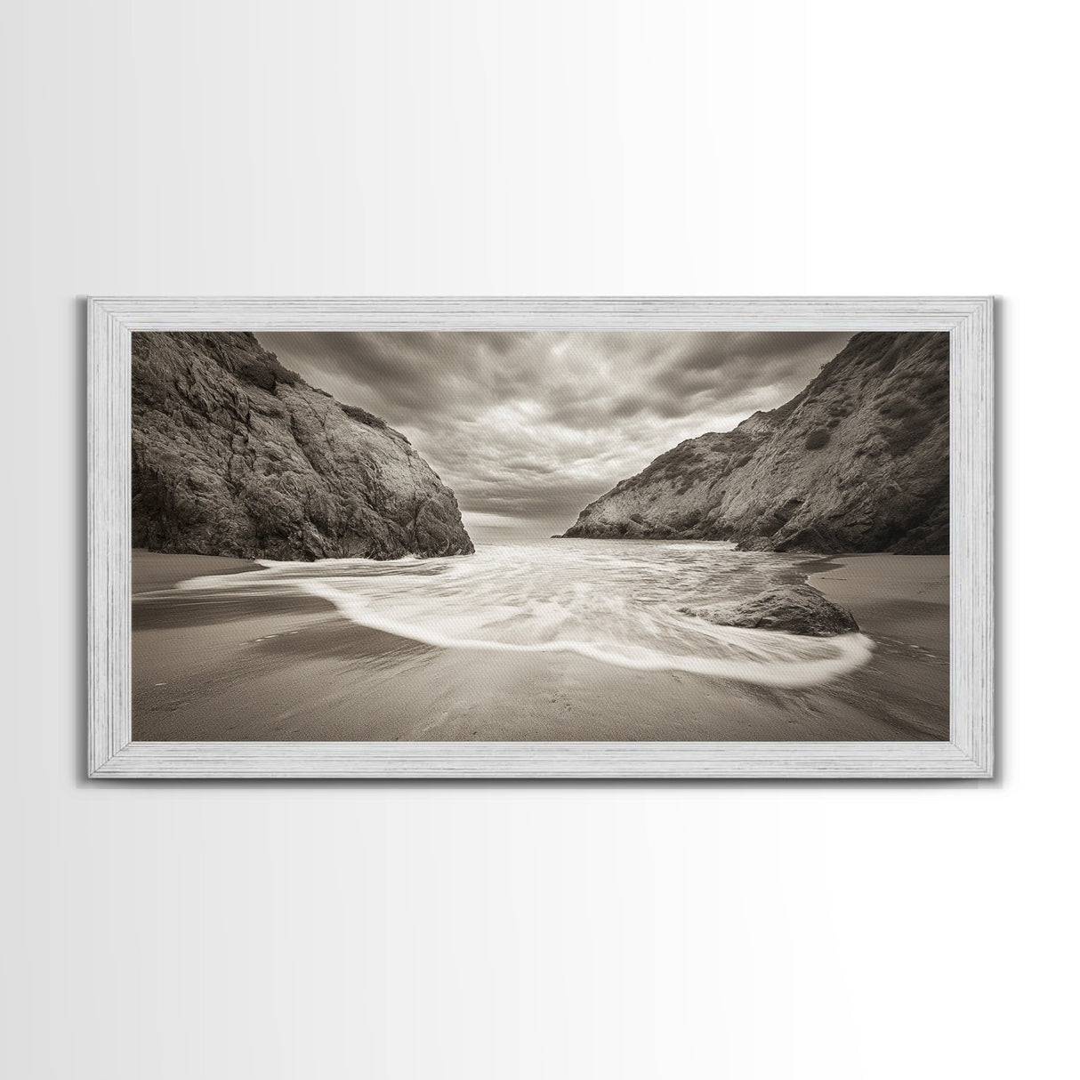 Secluded Beach Cove, Coastal Seascape, Sepia Landscape Art, Framed Canvas Print, Bathroom or Bedroom Wall Decor, Nature Inspired