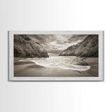 Secluded Beach Cove, Coastal Seascape, Sepia Landscape Art, Framed Canvas Print, Bathroom or Bedroom Wall Decor, Nature Inspired