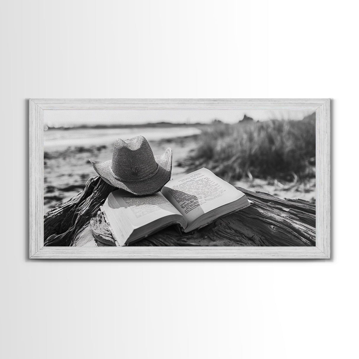 Open Book, Cowboy Hat, Driftwood Beach, Peaceful Shore, Canvas Print, Western Boho Art, Reading Nook Wall Decor, Fall Vibes, Office Wall Decor