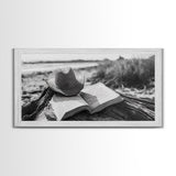 Open Book, Cowboy Hat, Driftwood Beach, Peaceful Shore, Canvas Print, Western Boho Art, Reading Nook Wall Decor, Fall Vibes, Office Wall Decor
