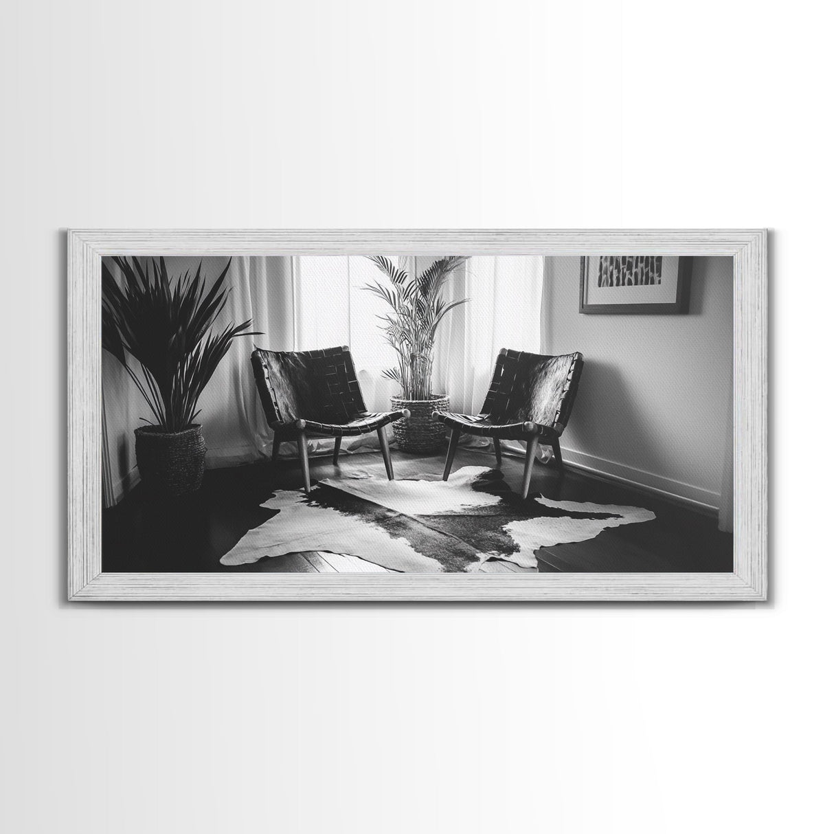 Leather Chairs, Cowhide Rug, Indoor Plants, Modern Farmhouse, Framed Canvas Print, Minimalist Living Room Art, Cozy Home Decor