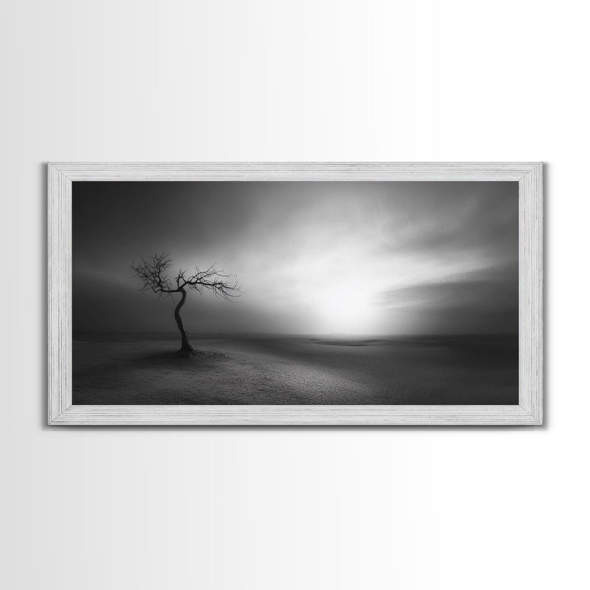 Lonely Tree, Dramatic Desert, Emotional Landscape, Framed Canvas Print, Bedroom Wall Art, Black White Decor, Surreal Art Vibes