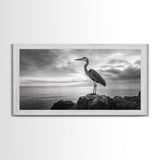 Heron Bird, Ocean Rock, Serene Wildlife, Canvas Print, Coastal Wall Art, Modern Farmhouse Decor, Minimalist Animal Scene