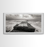 Ocean and Book, Moody Literary Print, Surreal Seascape Art, Framed Canvas Print, Library or Reading Nook Wall Decor, Dark Academia