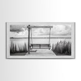 Rustic Lake Swing, Tranquil Nature Scene, Porch Art, Landscape Photography, Framed Canvas Print, Country Decor, Living Room Wall Art