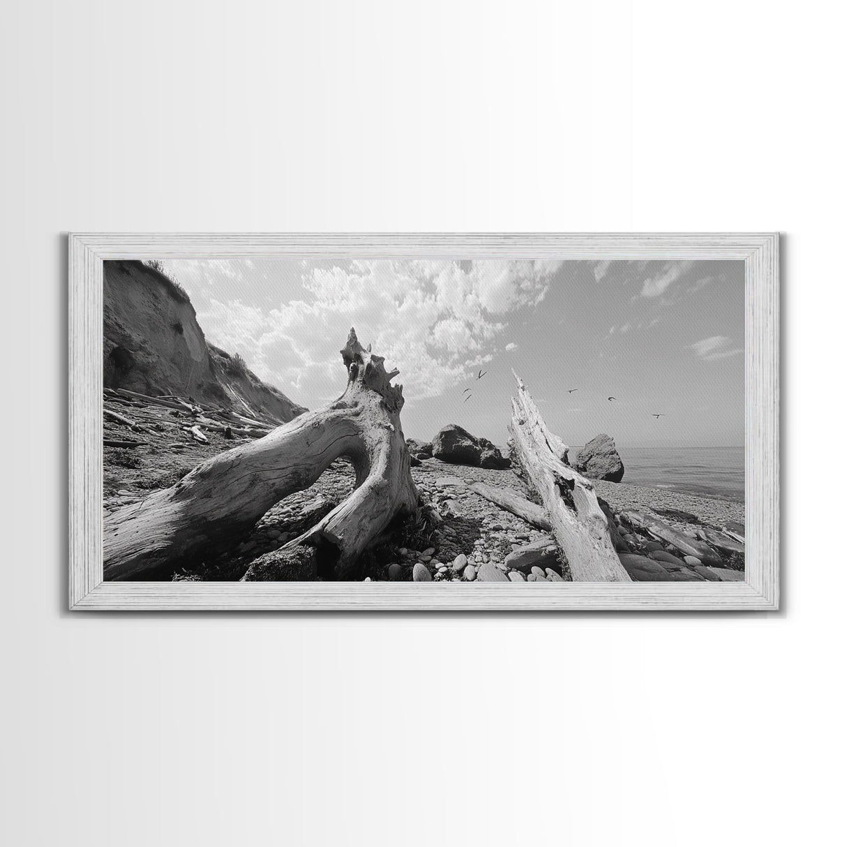 Coastal Driftwood, Beach Landscape, Pebble Shore Scene, Natural Decor Accent, Canvas Print, Relaxed Vibe, Entryway or Den Wall Art