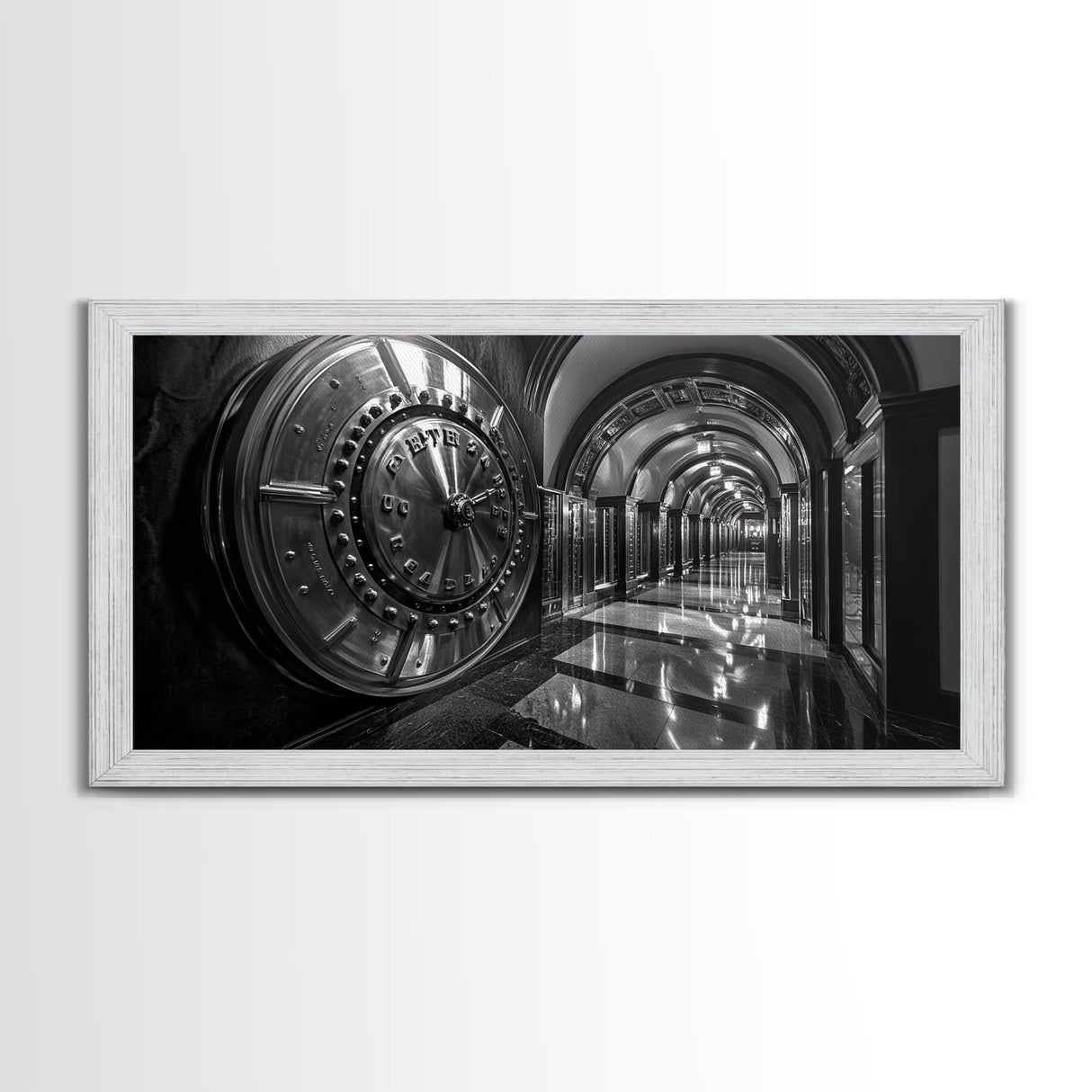 Bank Vault Door, Industrial Urban Decor, Luxury Office Art, Framed Canvas Print, Black and Silver Wall Art, Masculine Home Style