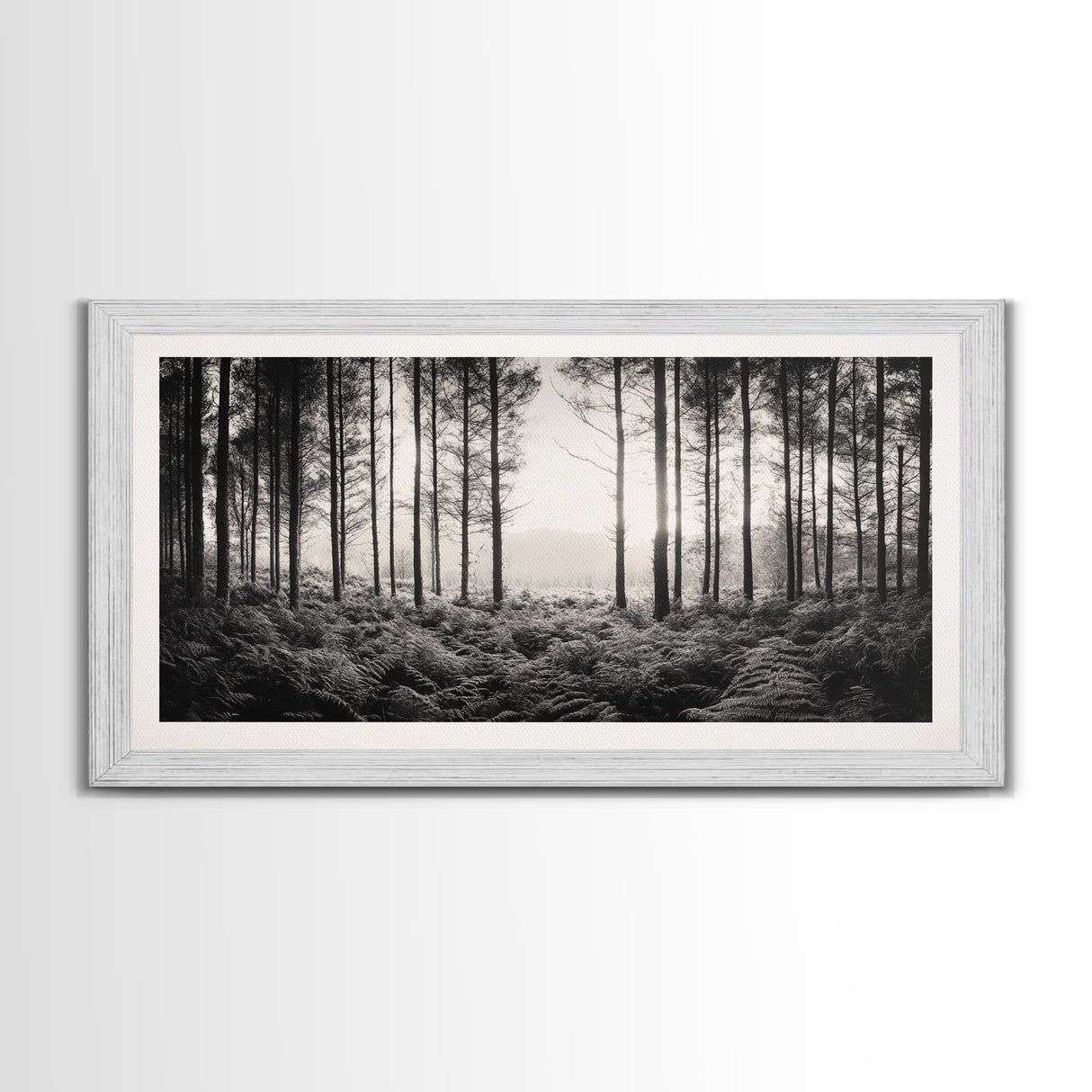 Forest Light Scene, Tall Trees Shadows, Nature Mist Pathway, Framed Canvas Print, Woodland Bedroom Art, Boho Rustic Wall Decor