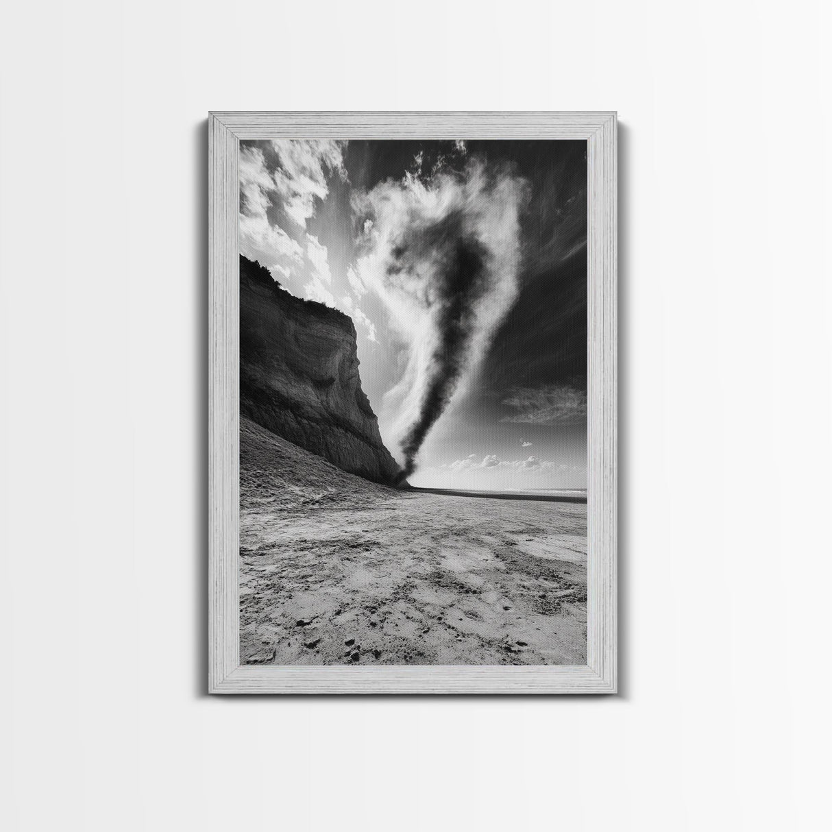 Tornado Beach Scene, Stormy Skies, Black and White Drama, Nature Photography, Framed Canvas Print, Office Wall Art, Moody Minimalist Decor