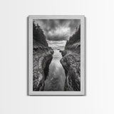 Rocky Waterway, Coastal Reflections, Dramatic Cloudscape, Ocean Nature Print, Framed Canvas Print, Bathroom Wall Art, Modern Rustic Style
