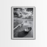Autumn Beach Leaf, Drift Shore, Moody Cloudscape, Black and White Fall Art, Framed Canvas Print, Seasonal Wall Decor, Rustic Autumn Style