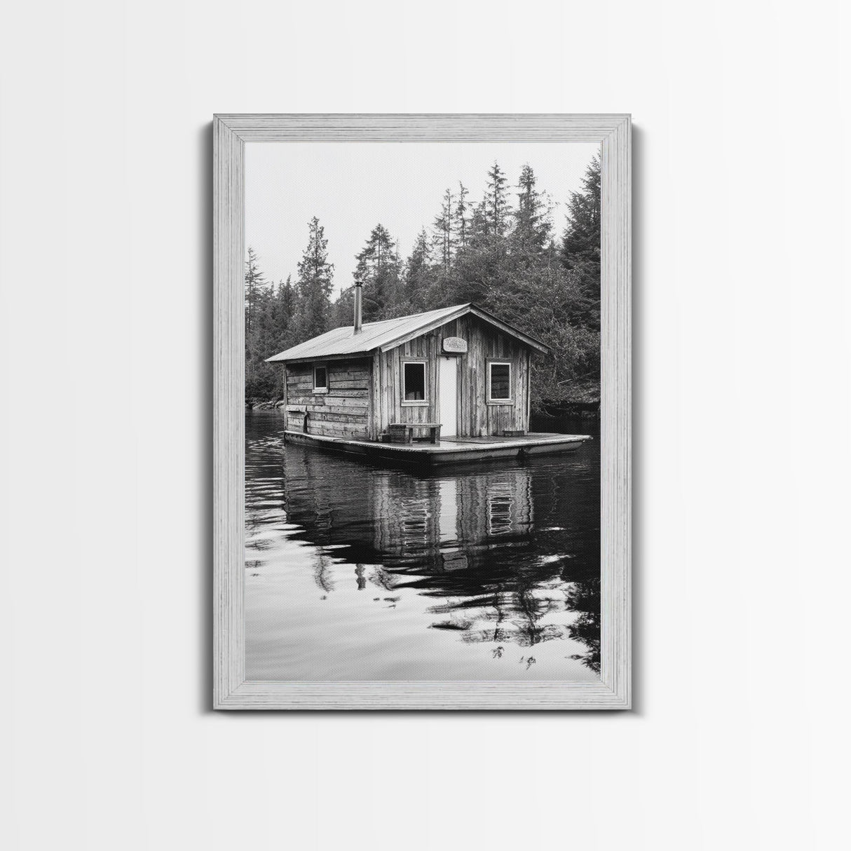 Floating Cabin, Lake House, Forest Reflection, Tranquil Waters, Framed Canvas Print, Bedroom Wall Art, Cabin Aesthetic, Rustic Nature Vibe