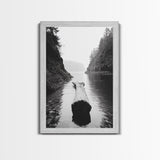 Driftwood Log, River Pass, Nature Silence, Misty Gorge, Framed Canvas Print, Office Wall Art, Modern Nature Decor, Moody Forest Style