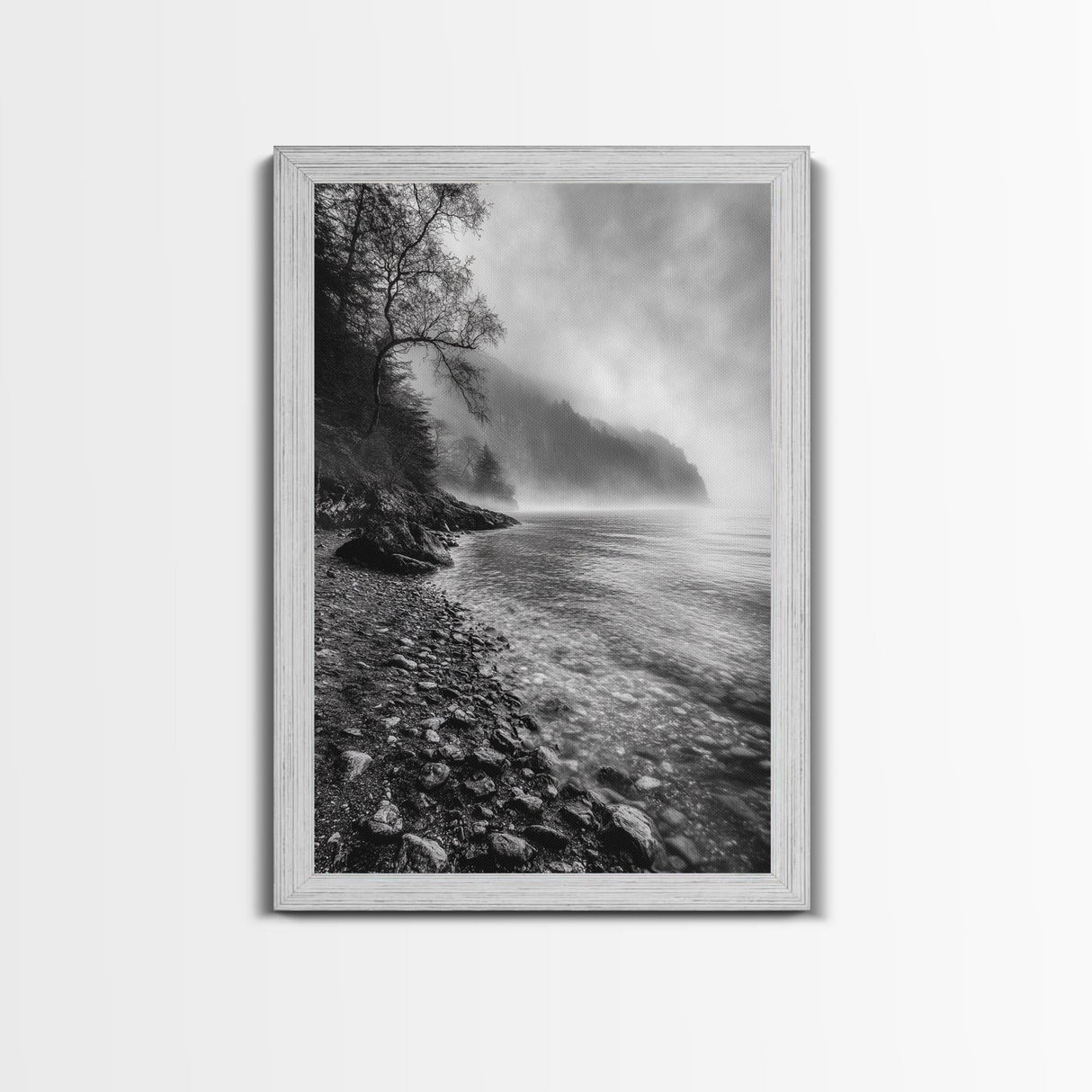 Foggy Coast, Moody Shore, Tranquil Pebbles, Forest Water, Framed Canvas Print, Bathroom Wall Art, Nature Photography Style, Calm Retreat Decor