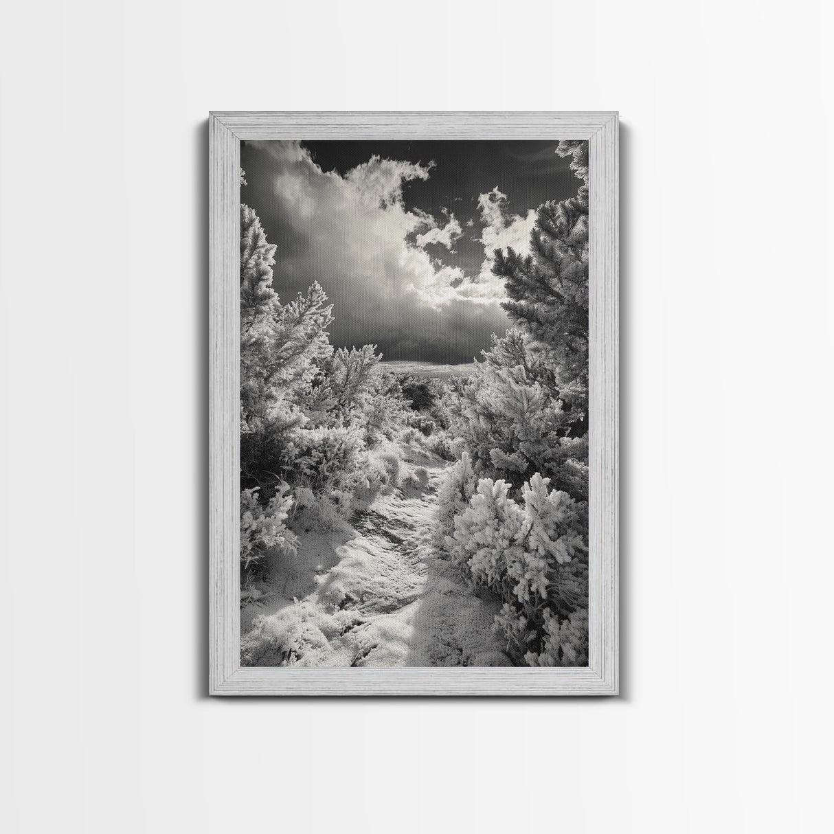 Snowy Pine Path, Winter Forest Light, Frozen Landscape Art, Canvas Print, Holiday Wall Art, Minimalist Winter, Nordic Style Decor