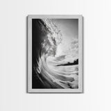 Ocean Wave Curl, Sea Barrel Art, Surf Power Print, Framed Canvas Print, Bathroom Wall Art, Modern Beach Decor, Black White Seascape