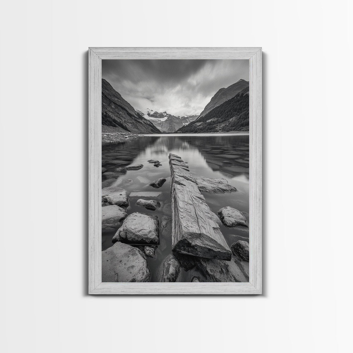 Mountain Lake Log, Alpine Serenity Scene, Tranquil Rock Shore, Canvas Print, Bedroom Wall Art, Nature Retreat, Minimalist Landscape