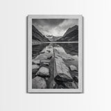Mountain Lake Log, Alpine Serenity Scene, Tranquil Rock Shore, Canvas Print, Bedroom Wall Art, Nature Retreat, Minimalist Landscape