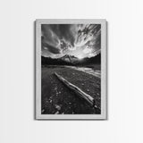 Mountain Sunrise Drift, Alpine Peak Glow, Majestic Morning View, Framed Canvas Print, Entryway Wall Art, Moody Nature Decor, Cabin Style