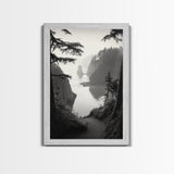 Forest Cliffs, Ocean Pathway, Misty Coast, Woodland Escape, Framed Canvas Print, Cabin Wall Art, Nature Trail Aesthetic, Autumn Mood Art