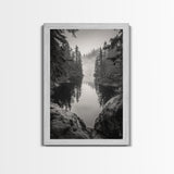 Misty Forest, River Reflection, Foggy Pines, Mountain Silence, Framed Canvas Print, Bedroom Wall Art, Tranquil Nature Photography, Zen Decor