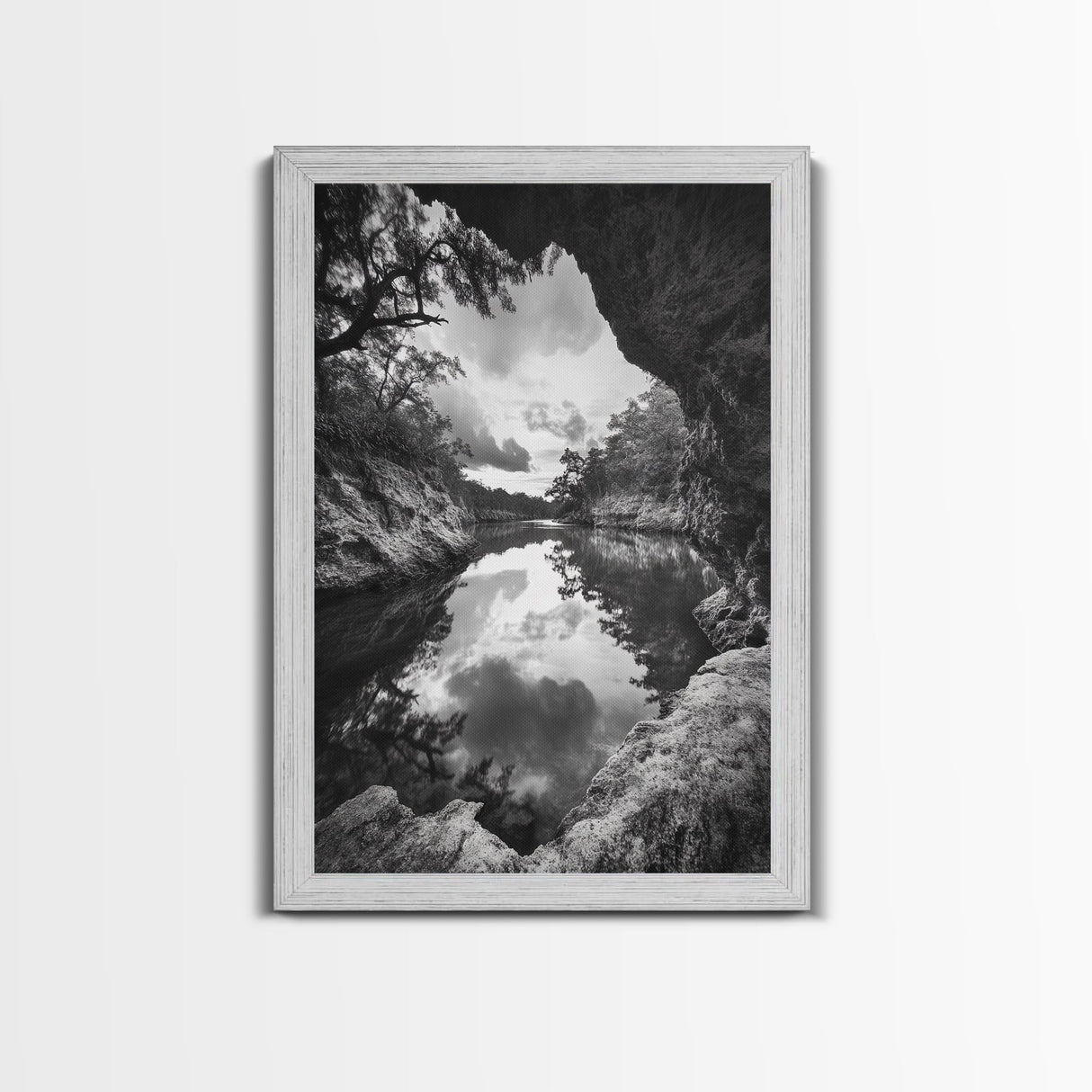 Serene River Reflection, Cave View, Monochrome Nature, Framed Canvas Print, Living Room Wall Art, Tranquil Landscape, Minimalist Decor