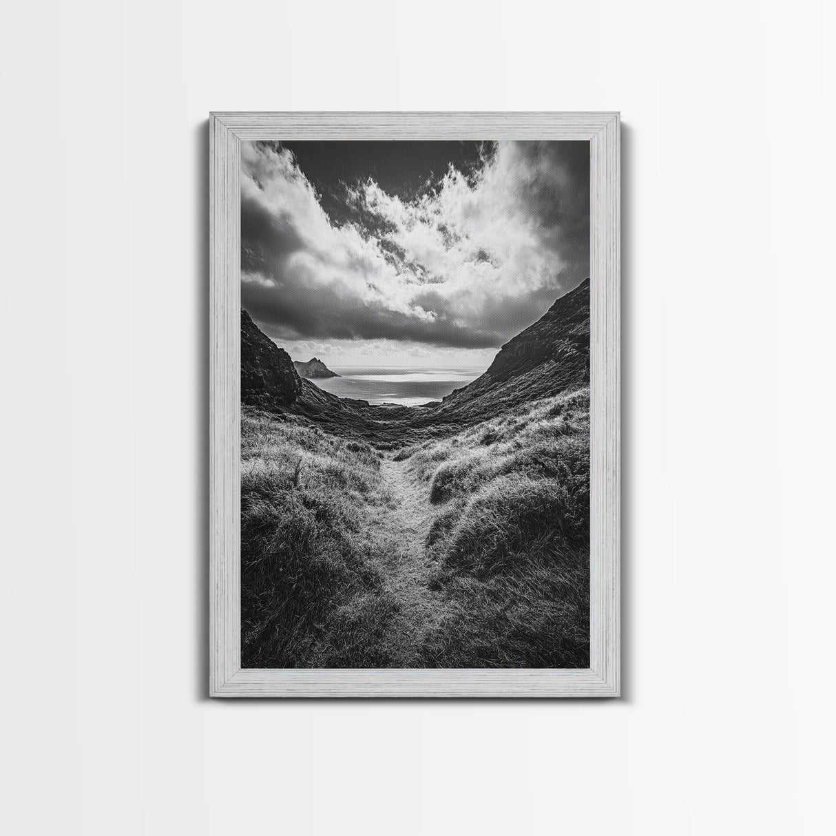 Highland Ocean Trail, Dramatic Clouds, Monochrome Nature, Canvas Print, Office Wall Art, Adventure Landscape, Rustic Home Decor