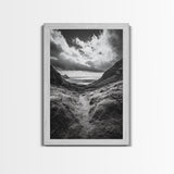 Highland Ocean Trail, Dramatic Clouds, Monochrome Nature, Canvas Print, Office Wall Art, Adventure Landscape, Rustic Home Decor