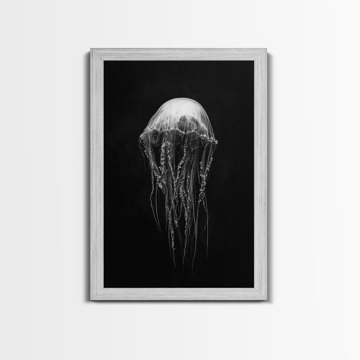 Elegant Jellyfish Art, Ocean Wildlife, Monochrome Marine, Framed Canvas Print, Bathroom Decor, Nautical Wall Art, Minimalist Sea Life