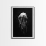 Elegant Jellyfish Art, Ocean Wildlife, Monochrome Marine, Framed Canvas Print, Bathroom Decor, Nautical Wall Art, Minimalist Sea Life