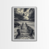 Stormy Beach Dock, Dramatic Skies, Coastal Mood, Framed Canvas Print, Fall Wall Art, Entryway Decor, Moody Seascape, Rustic Coastal Home