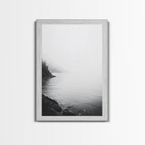 Misty Lakeshore, Foggy Forest Water, Monochrome Tranquility, Framed Canvas Print, Minimalist Art, Calm Landscape, Bedroom Wall Decor