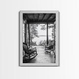 Rustic Porch View, Cabin Serenity, Lakefront Rocking Chairs, Framed Canvas Print, Farmhouse Wall Art, Living Room Decor, Fall Home Style