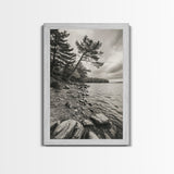 Pine Shoreline Landscape, Calm Water Trees, Autumn Mood, Canvas Print, Rustic Cabin Wall Art, Bedroom Nature Decor, Earthy Photography