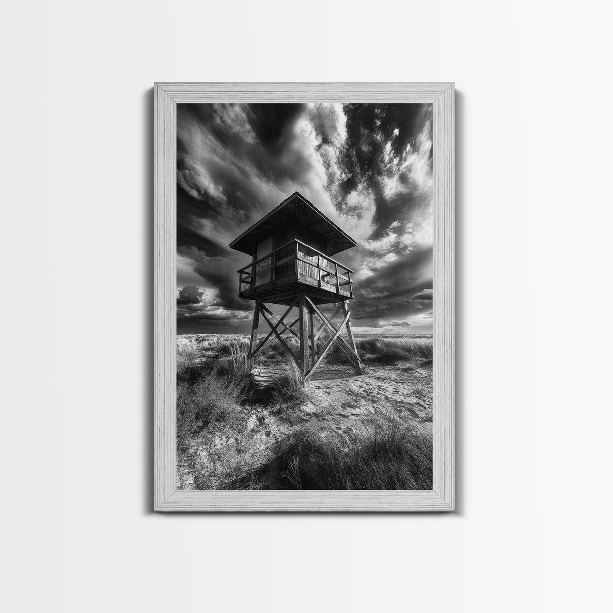 Lifeguard Tower Drama, Windy Beach Sky, Ocean Landscape, Canvas Print, Coastal Wall Art, Moody Surreal Decor, Living Room Statement Art