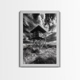 Lifeguard Tower Drama, Windy Beach Sky, Ocean Landscape, Canvas Print, Coastal Wall Art, Moody Surreal Decor, Living Room Statement Art
