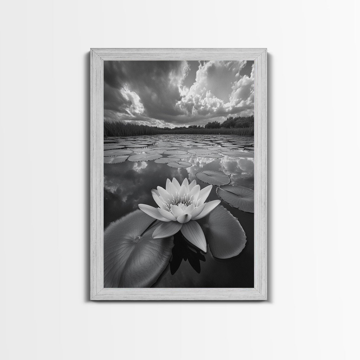 Tranquil Lotus, Cloud Reflections, Water Lily Pond, Framed Canvas Print, Zen Wall Art, Spa Bathroom Decor, Modern Nature Photography