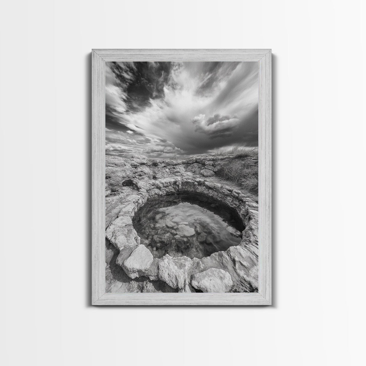 Natural Stone Pool, Sky Reflections, Framed Canvas Print, Bathroom Wall Art, Earthy Neutral Decor, Minimalist Landscape