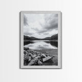 Misty Lake View, Peaceful Reflections, Nature Tranquility, Framed Canvas Print, Bedroom Wall Art, Black and White Landscape, Minimalist Art