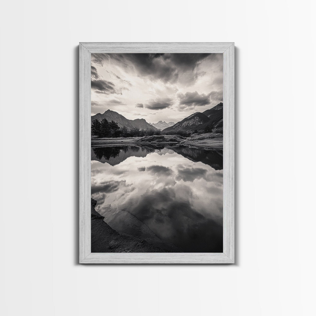 Alpine Reflections, Dramatic Skies, Mountain Serenity, Canvas Print, Living Room Wall Art, Moody Landscape Photography, Monochrome Decor