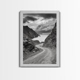 Coastal Road Curve, Rugged Cliff Path, Dramatic Seascape, Canvas Print, Office Wall Art, Monochrome Nature Art, Rustic Home Decor
