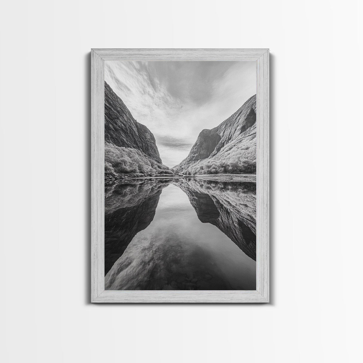 Fjord Reflection, Mountain Valley Calm, Mirror Lake, Canvas Print, Hallway Wall Art, Scandinavian Style Art, Black and White Minimalist