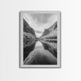 Fjord Reflection, Mountain Valley Calm, Mirror Lake, Canvas Print, Hallway Wall Art, Scandinavian Style Art, Black and White Minimalist