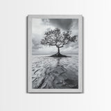 Lonely Tree, Coastal Roots, Ocean Breeze, Framed Canvas Print, Entryway Wall Art, Moody Nature Photography, Minimalist Earth Tones