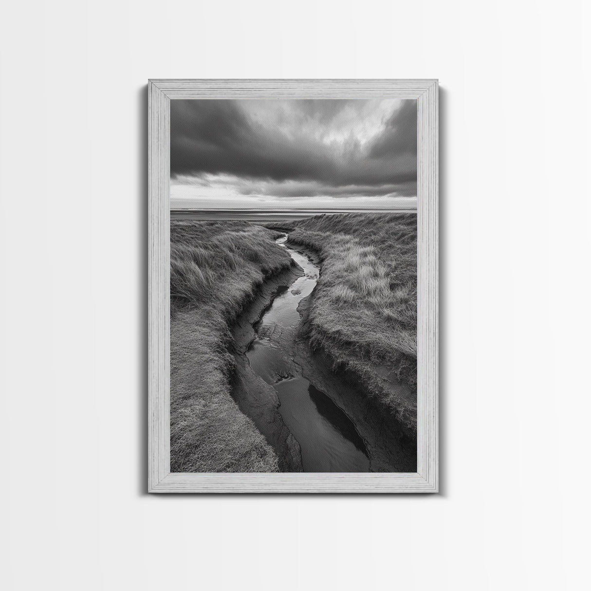 Winding Stream, Grassy Dunes, Ocean Horizon, Canvas Print, Kitchen Wall Art, Black and White Nature Scene, Coastal Rustic Decor