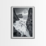 Stormy Coast, Crashing Waves, Ocean Drama, Framed Canvas Print, Living Room Wall Art, Bold Seascape Photography, Monochrome Modern Art