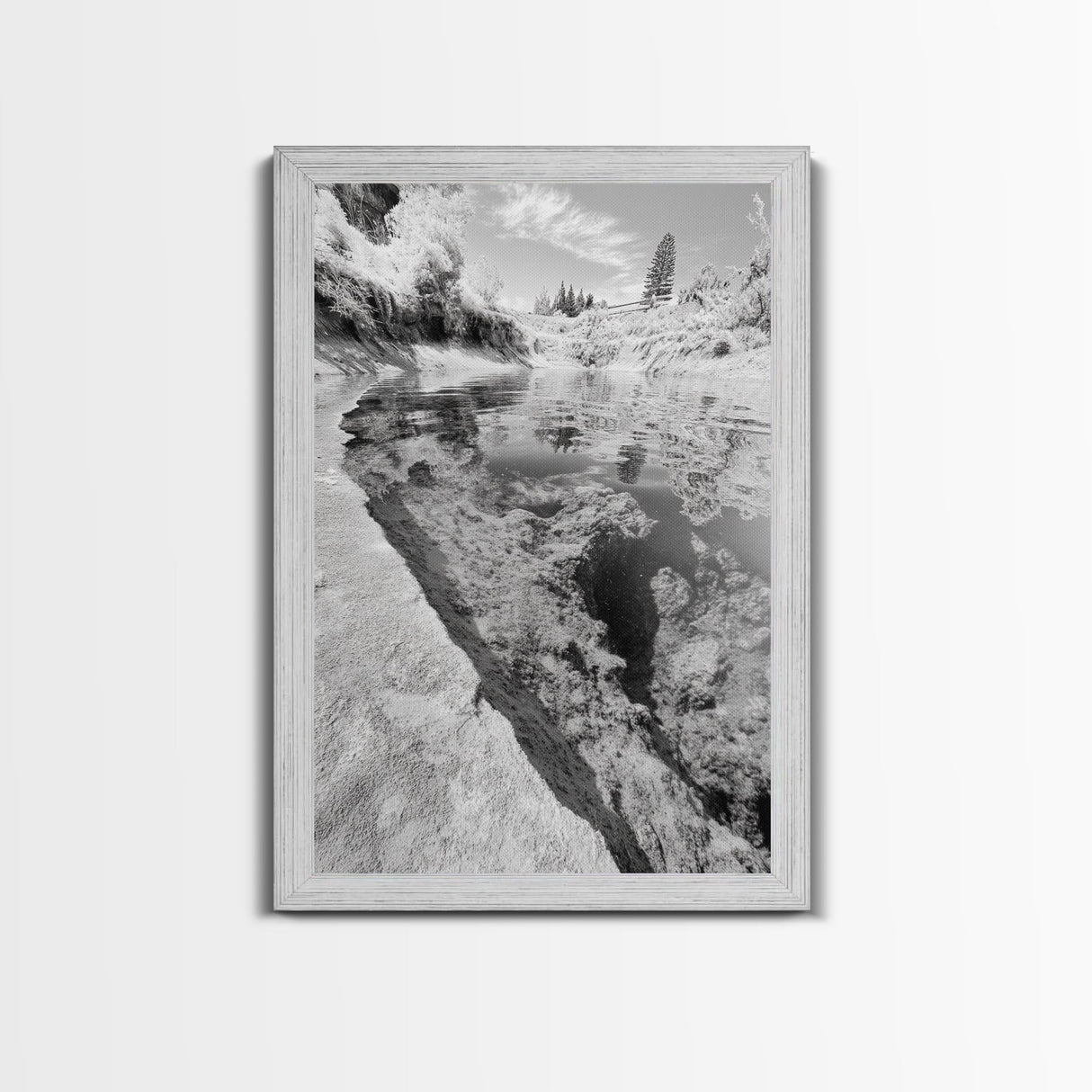 Reflective Riverbed, Nature Tranquility, Monochrome Landscape, Canvas Print, Bathroom Wall Art, Zen Decor, Fine Art Photography