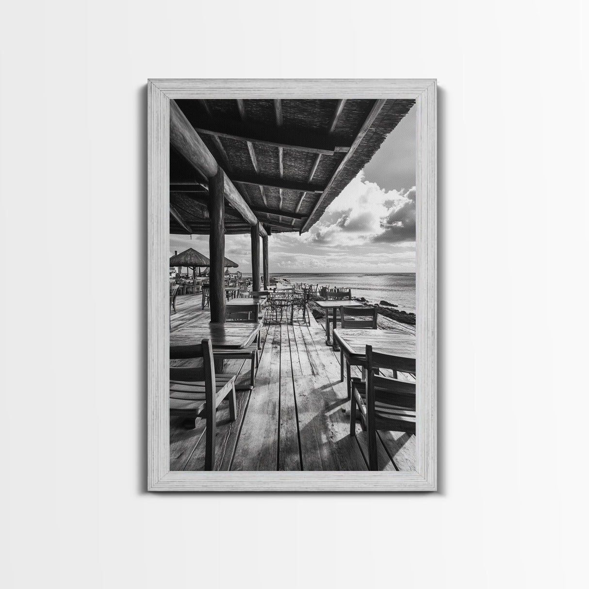 Seaside Café, Coastal Patio, Ocean View, Canvas Print, Rustic Kitchen Wall Art, Tropical Dining Decor, Travel Lifestyle Art