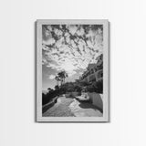Mediterranean Villa, Palm Tree Art, Coastal Pathway, Framed Canvas Print, Living Room Decor, Summer Wall Art, Black and White Photography