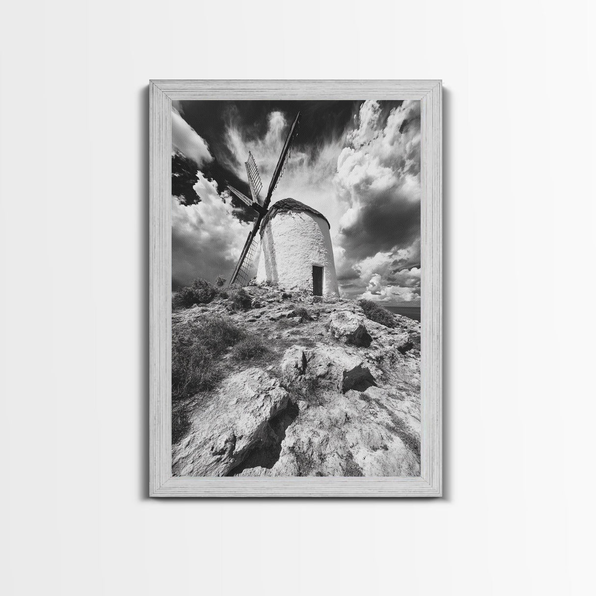 Windmill Hill, Dramatic Sky Art, European Landscape, Framed Canvas Print, Entryway Wall Art, Rustic Decor, Monochrome Photography
